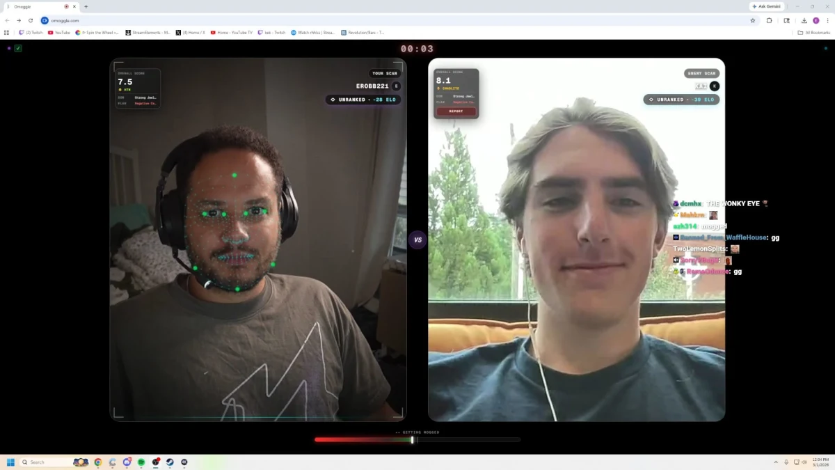 Split-screen face rating video call with facial tracking