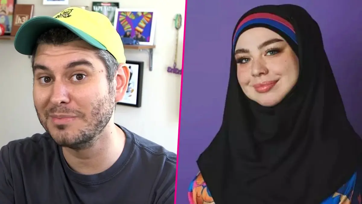 Split-screen of man in cap and woman in hijab