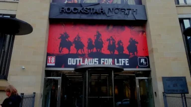 Rockstar North building entrance with game banner