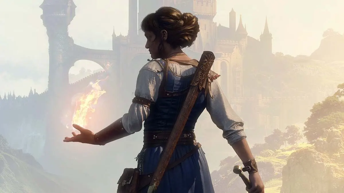 Mage holding fire before a misty fantasy castle
