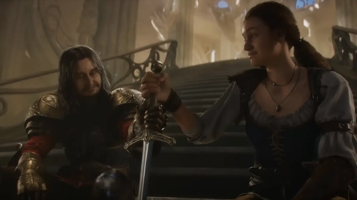 Two medieval characters sharing a sword on stairs