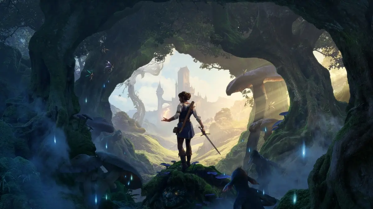Adventurer overlooking fantasy castle from cave entrance