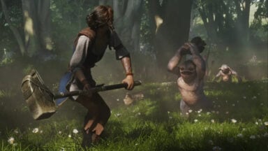 Adventurer with hammer confronts goblins in sunlit forest