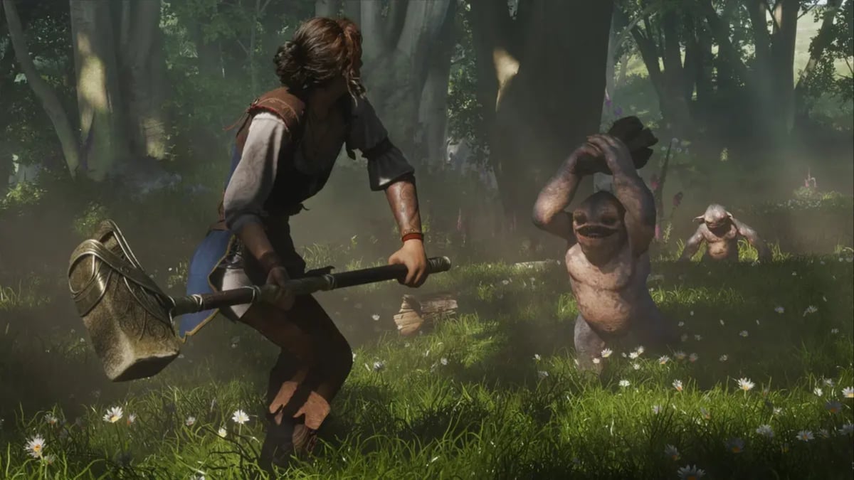 Adventurer with hammer confronts goblins in sunlit forest