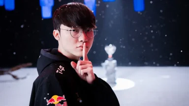 Gamer posing quietly before a trophy