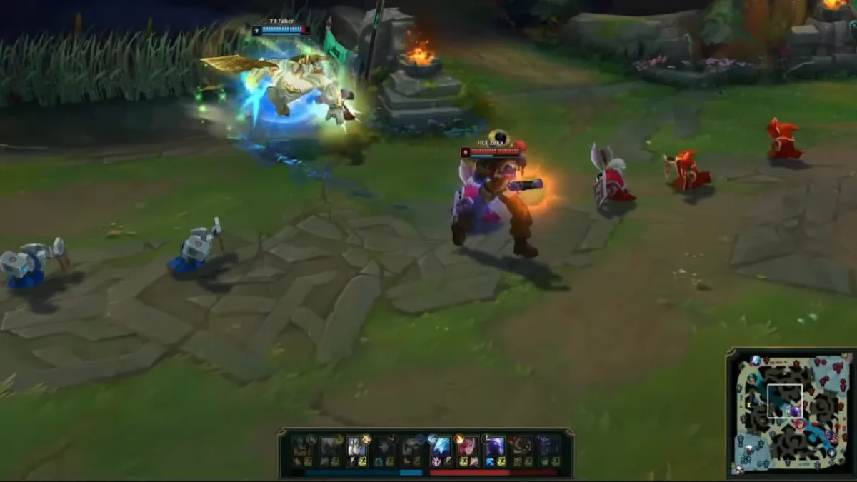 League of Legends champions battling in lane