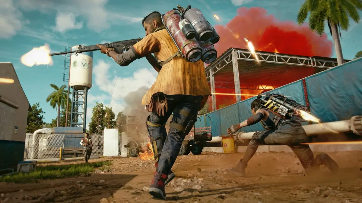 Two armed fighters with jetpacks in combat