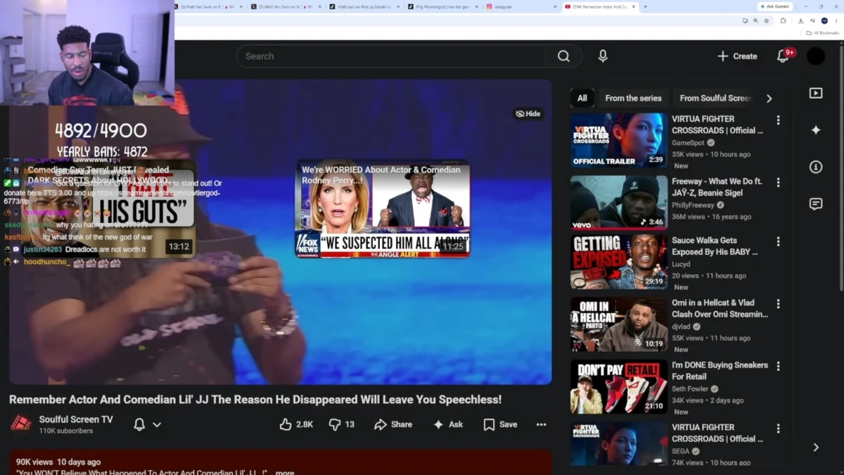 YouTube livestream with commentary and news thumbnail
