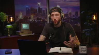 Man podcasting at desk with city backdrop