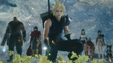 Blond swordsman kneeling among glowing yellow flowers