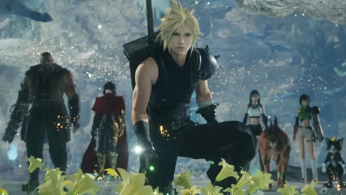 Blond swordsman kneeling among glowing yellow flowers