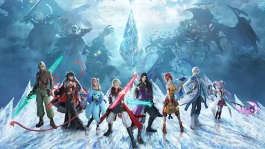 Fantasy characters on icy battlefield with monsters.