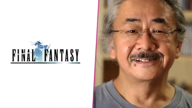 Final Fantasy logo and unidentified smiling man.