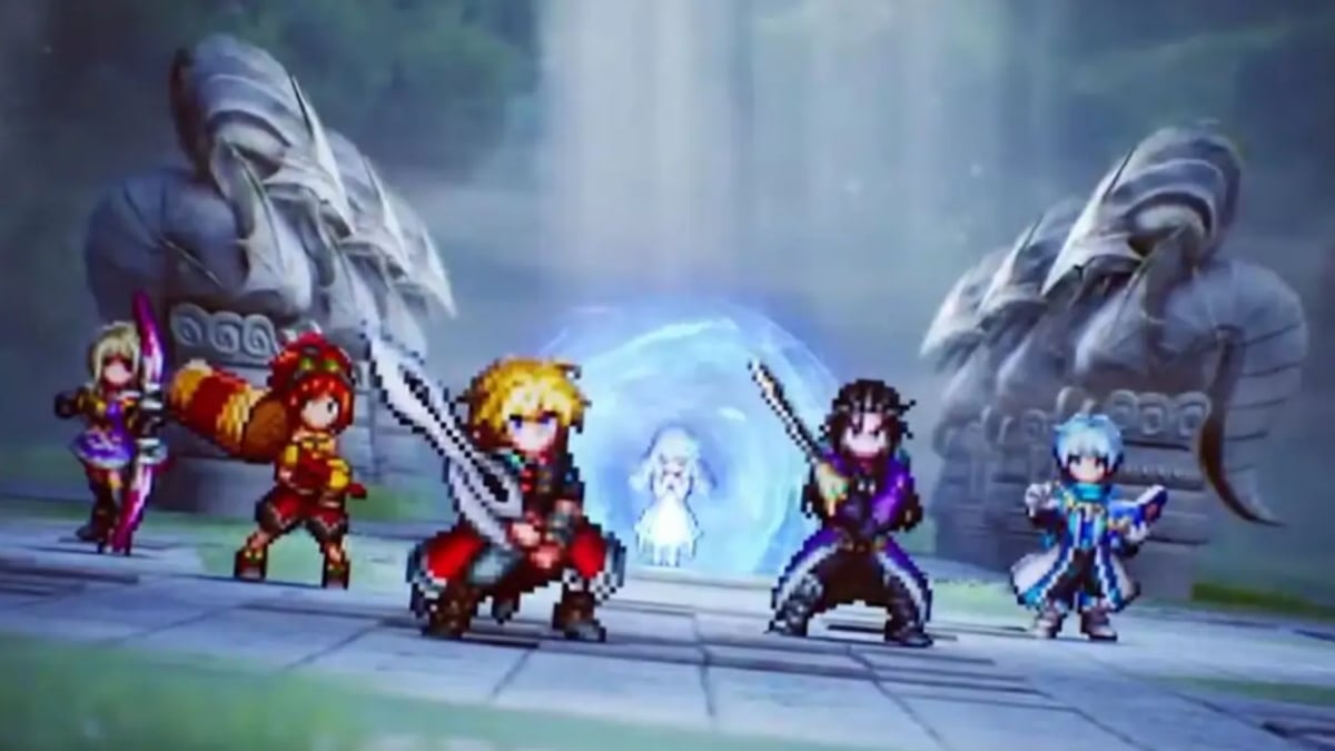 Pixel-art fantasy heroes before glowing portal