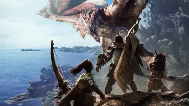 Hunters facing a dragon in a fantasy landscape.