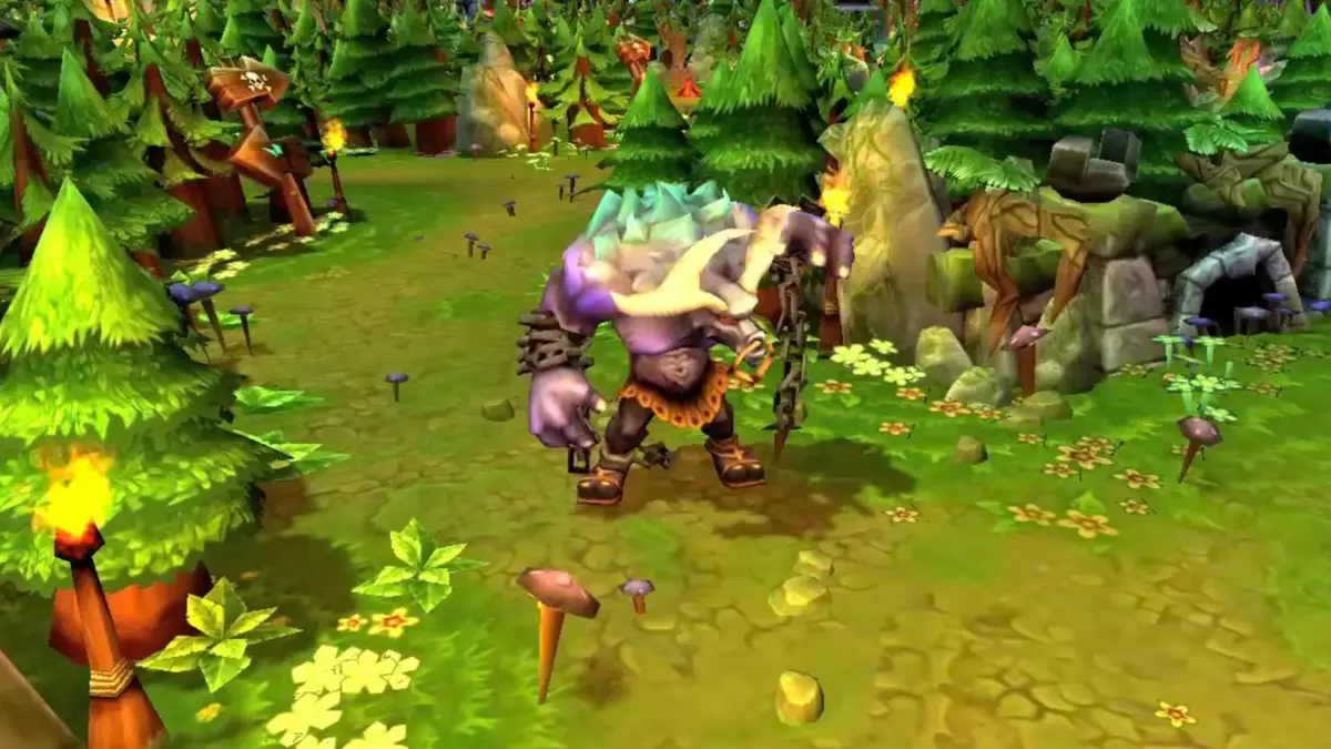 Purple ogre in enchanted forest video game scene