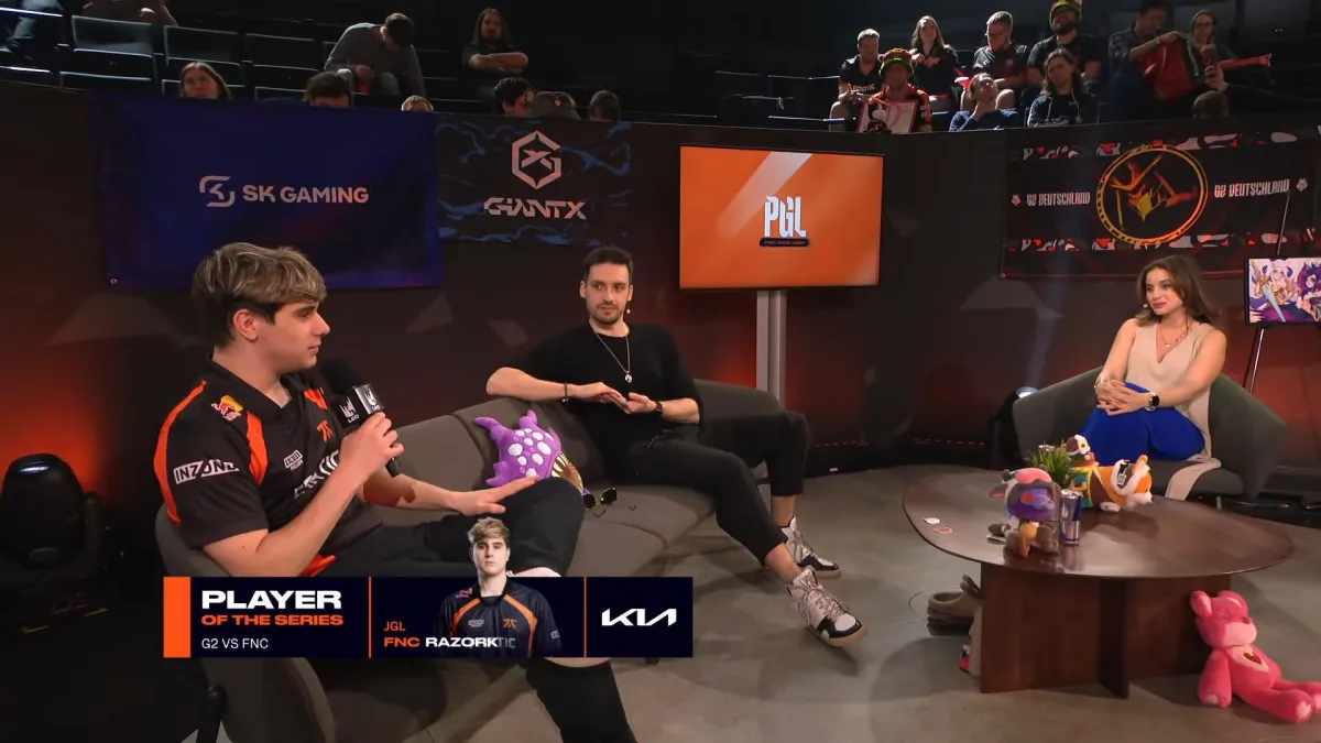 Esports interview set with Player of the Series graphic