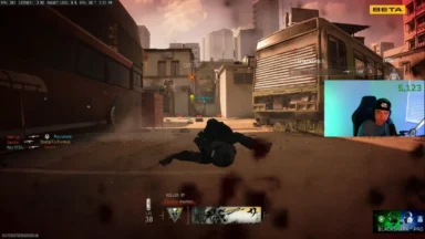 First-person shooter death screen with streamer facecam overlay