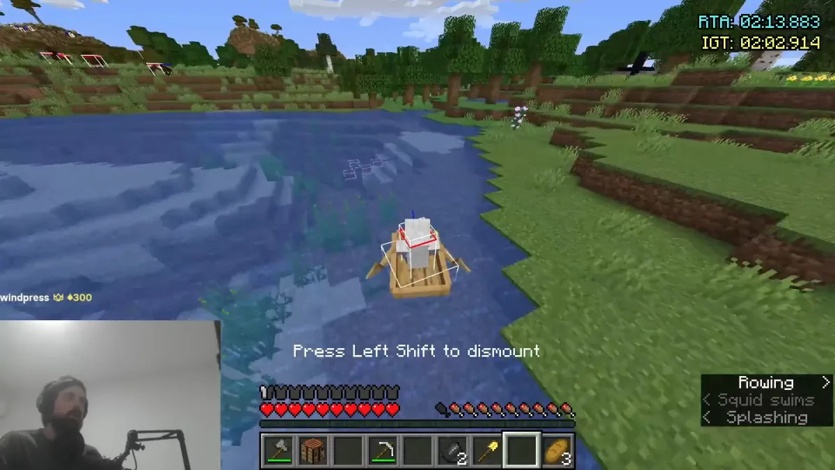 Minecraft player rowing boat with chicken on lake