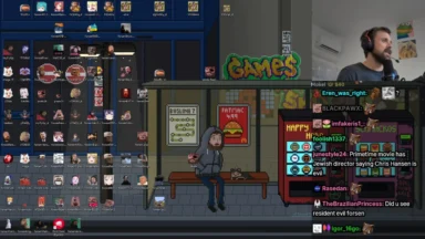 Streamer webcam over pixel-art game scene and crowded desktop