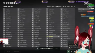 Video game session lobby screen with player list.