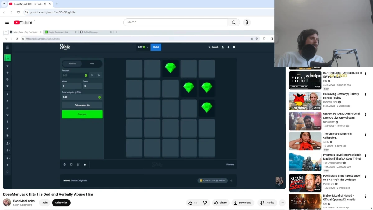 YouTube video showing gambling game and streamer facecam