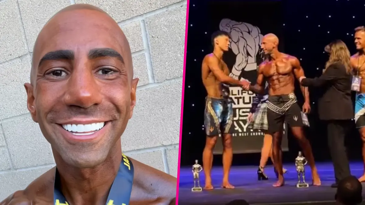 Bodybuilder smiling and competing on stage