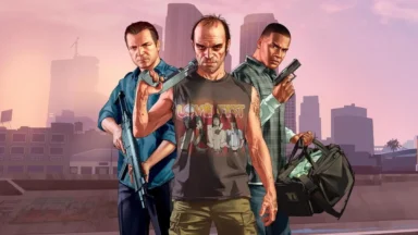 Three armed men against city skyline illustration