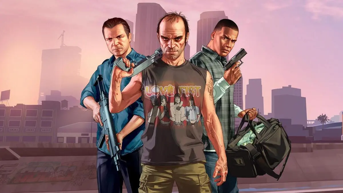 Three armed men against city skyline illustration