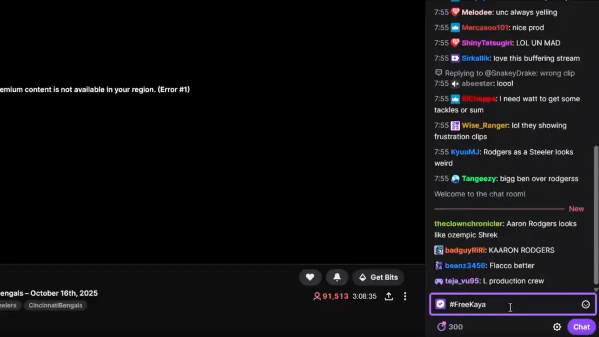 Twitch stream error message with active chat window