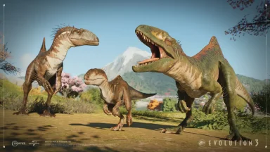 Three dinosaurs in a prehistoric landscape scene.