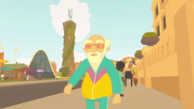 Stylized elderly man walking through a sunny futuristic city
