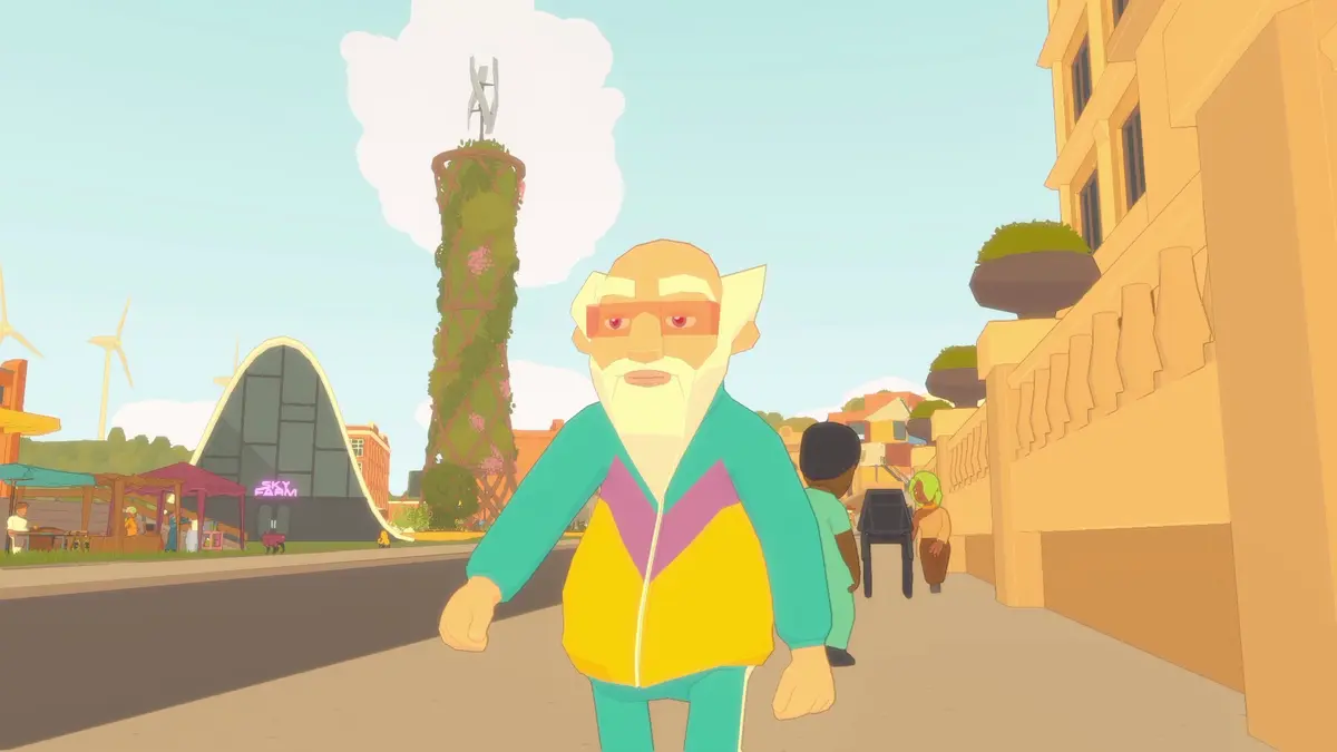 Stylized elderly man walking through a sunny futuristic city
