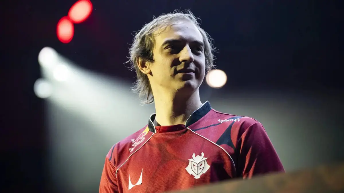 Esports player in red jersey on stage