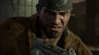 Bloodied soldier grips weapon in gritty close-up