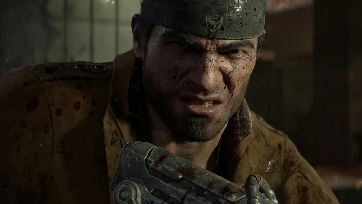 Bloodied soldier grips weapon in gritty close-up