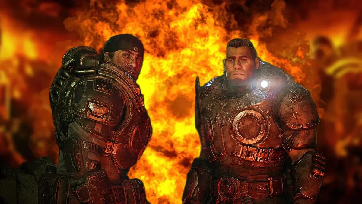 Two armored soldiers stand before a massive fiery explosion.