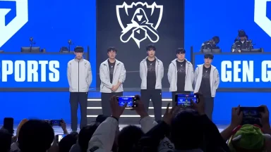 Esports team on stage at gaming tournament