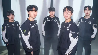 Esports team in matching uniforms pose confidently