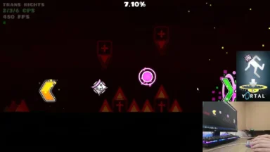 Geometry Dash gameplay with dark red background