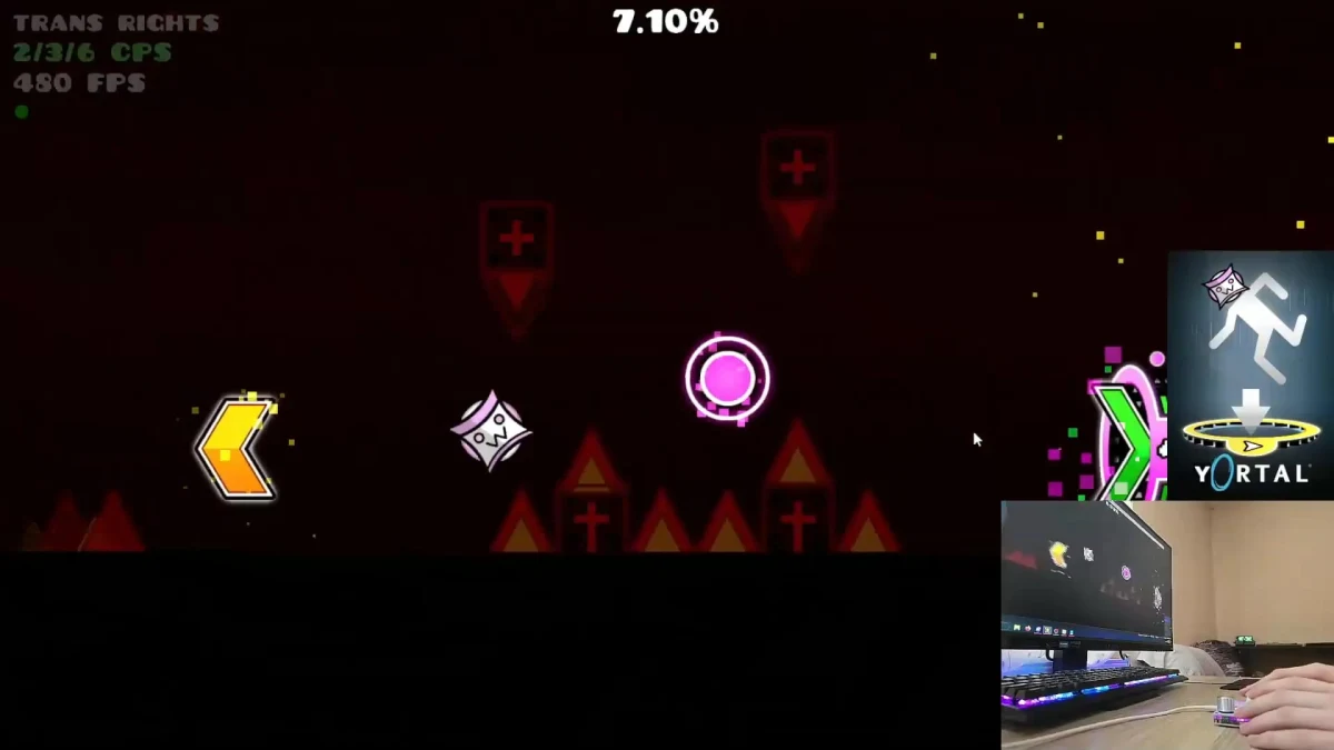 Geometry Dash gameplay with dark red background