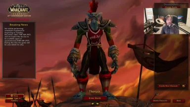 World of Warcraft character selection screen with update notice.