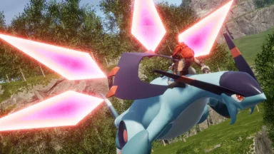 Character rides creature with glowing wings in game