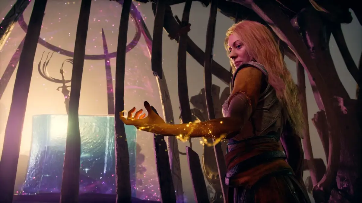 Blonde woman casting magic beside glowing cube