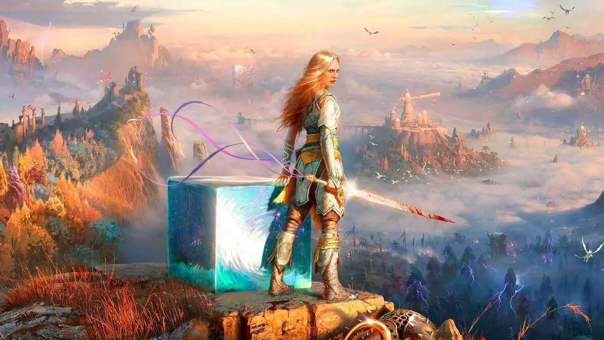 Fantasy warrior overlooking magical valley with glowing cube