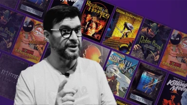 Man speaking before collage of classic video games