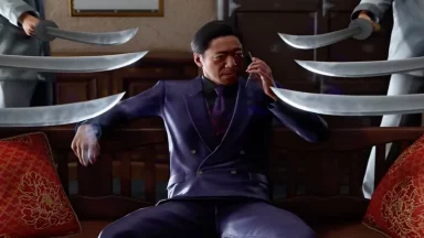 Goh Hamazaki surrounded by swords.