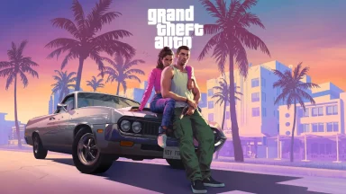Grand Theft Auto characters with car, city backdrop.