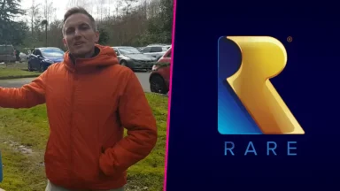 Person in orange jacket, Rare logo beside.