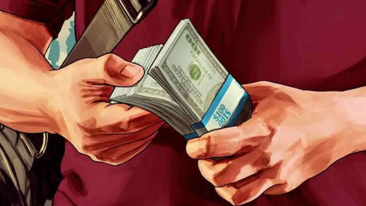 Illustration of hands exchanging a stack of hundred-dollar bills